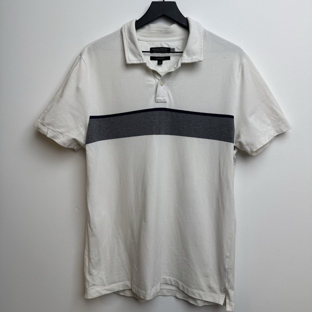 Banana Republic Performance Pique Polo Shirt L White Gray Golf Short Sleeve Mens